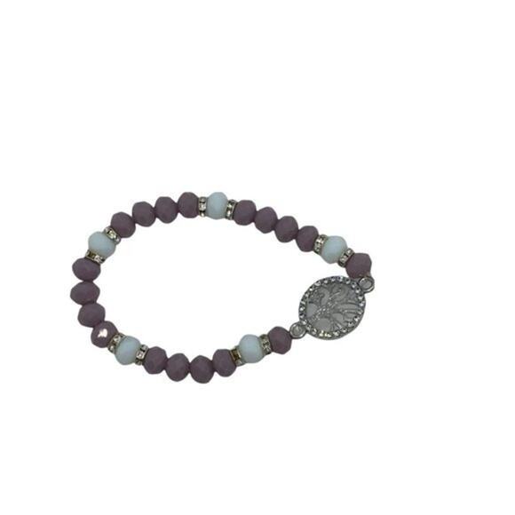 Purple White Beaded Silver-Tone Tree of Life Pendant Rhinestone Stretch Bracelet - Picture 8 of 9